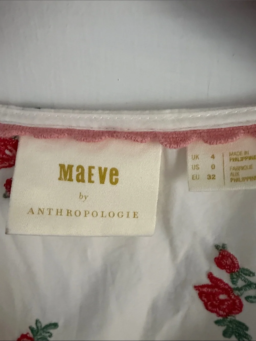 Anthropologie White Button-Front Peplum Top with Red Floral Embroidery
